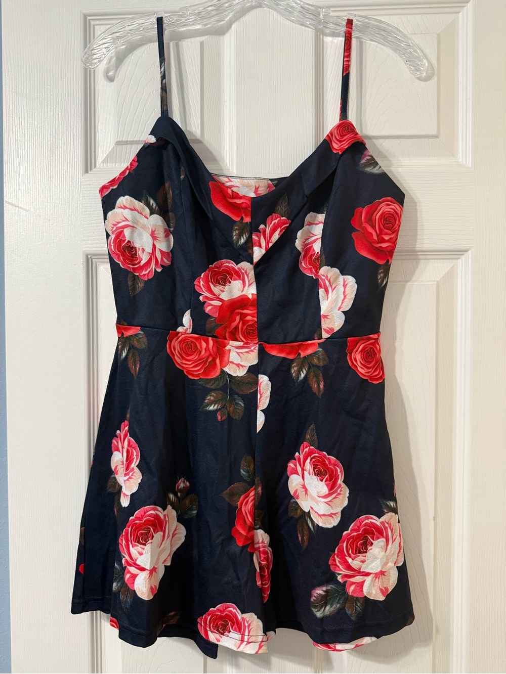 Navy Mini Dress with Red Rose Print